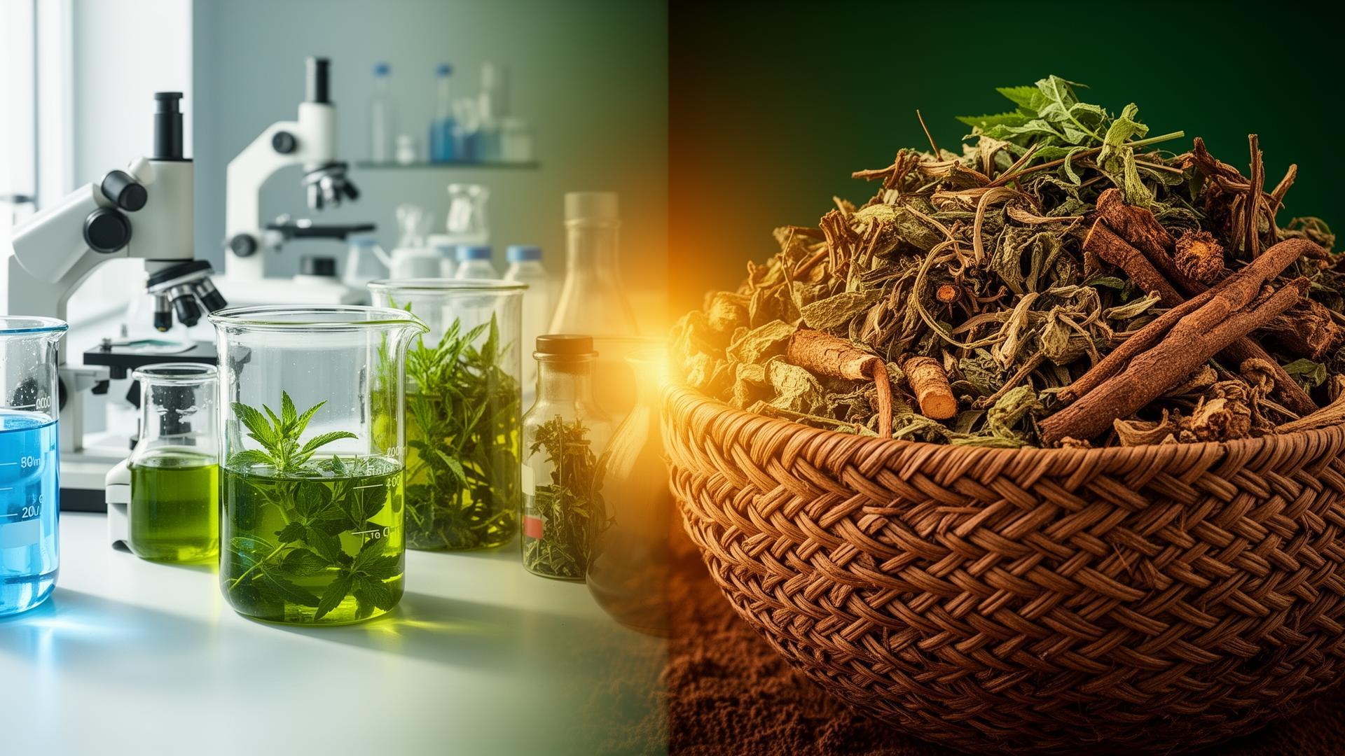 Split visual showing clinical naturopathic laboratory on one side and traditional African herbal basket on the other