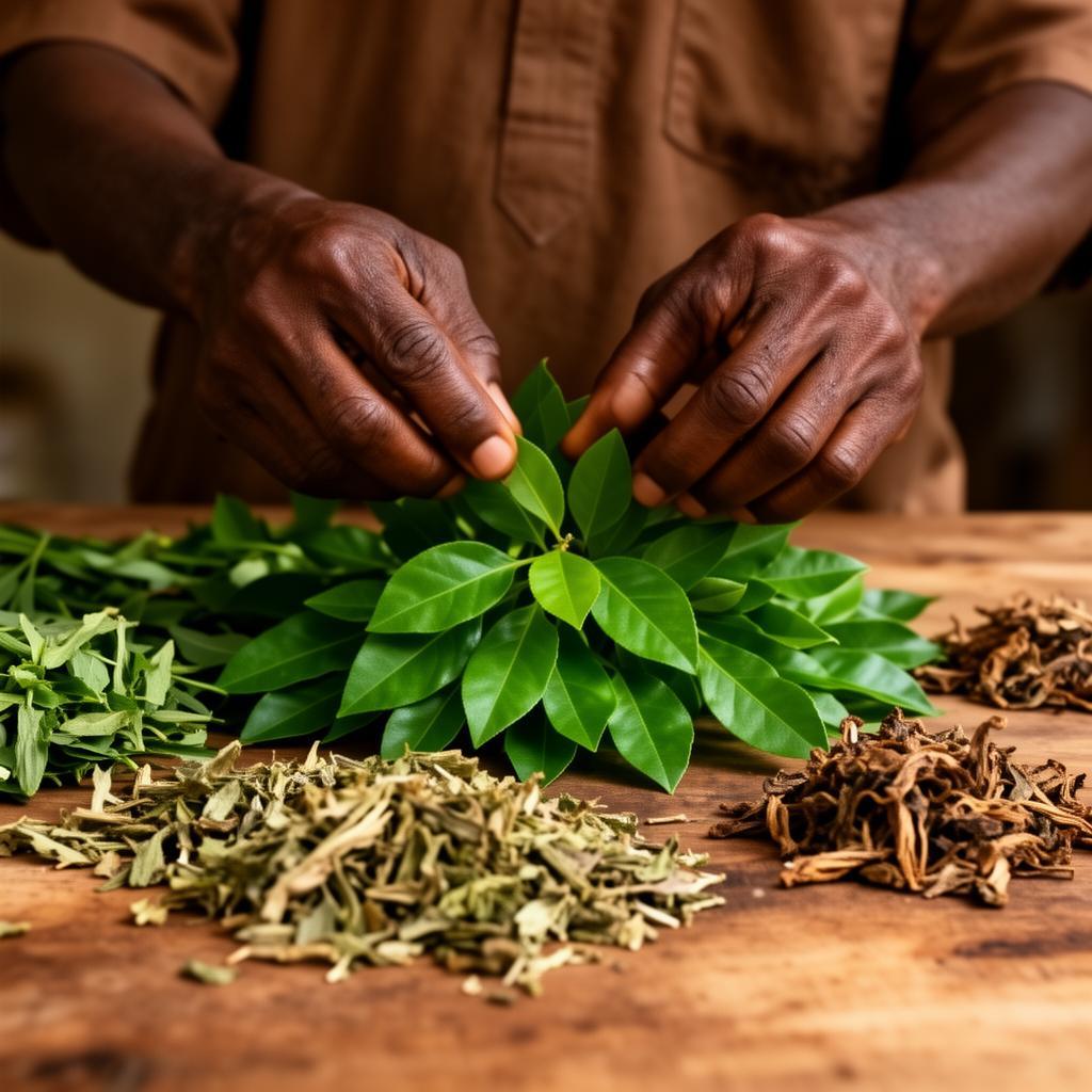 African herbalist's hands arranging fresh medicinal leaves and dried herbs
