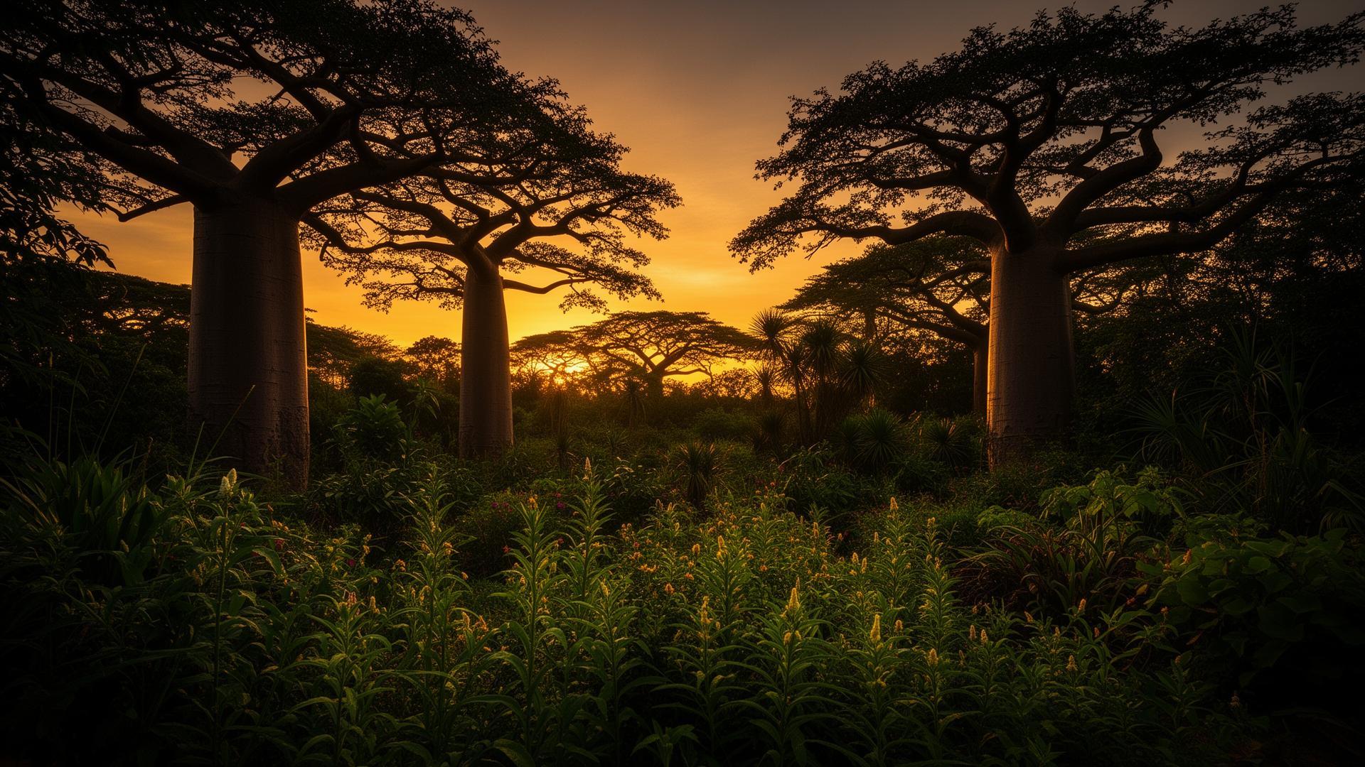 African baobab silhouettes at golden sunset over lush medicinal flora